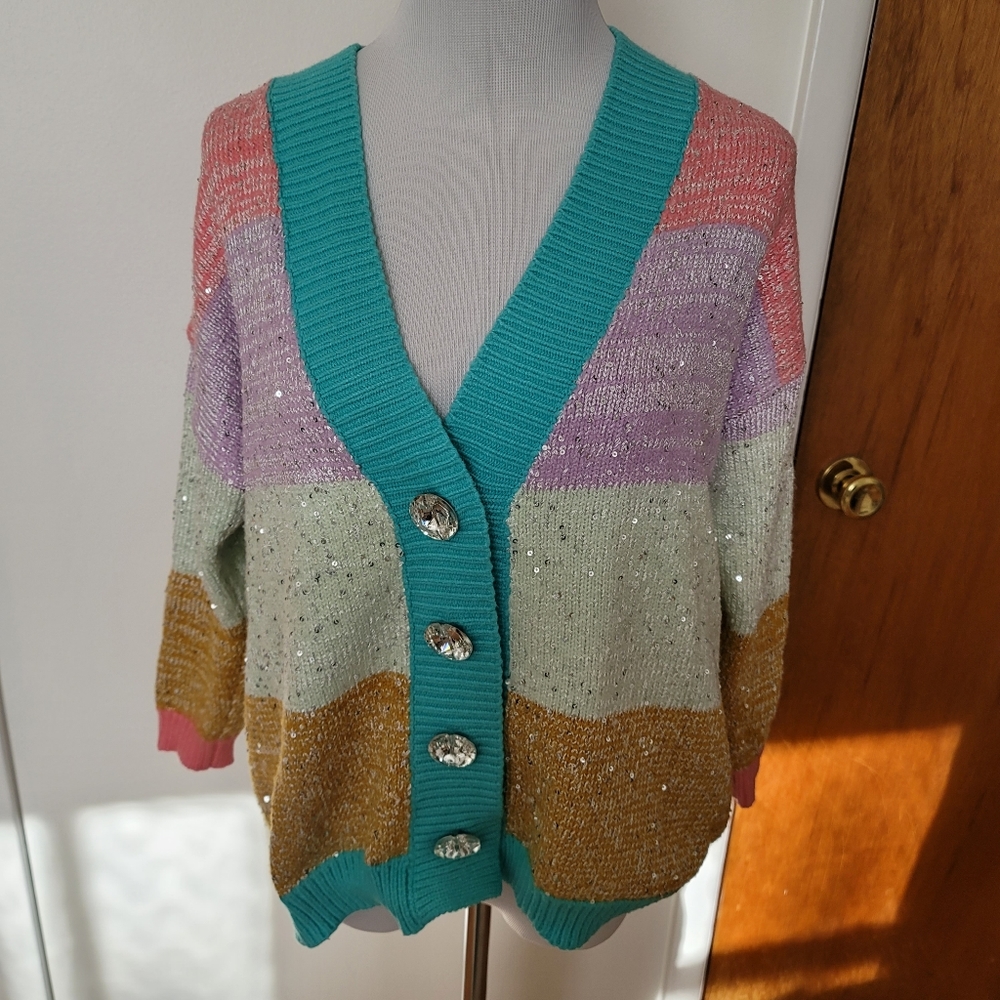 Olivia Rubin Mika Silver Sequin Stripe Multicolor Cardigan Size XS Pre-owned